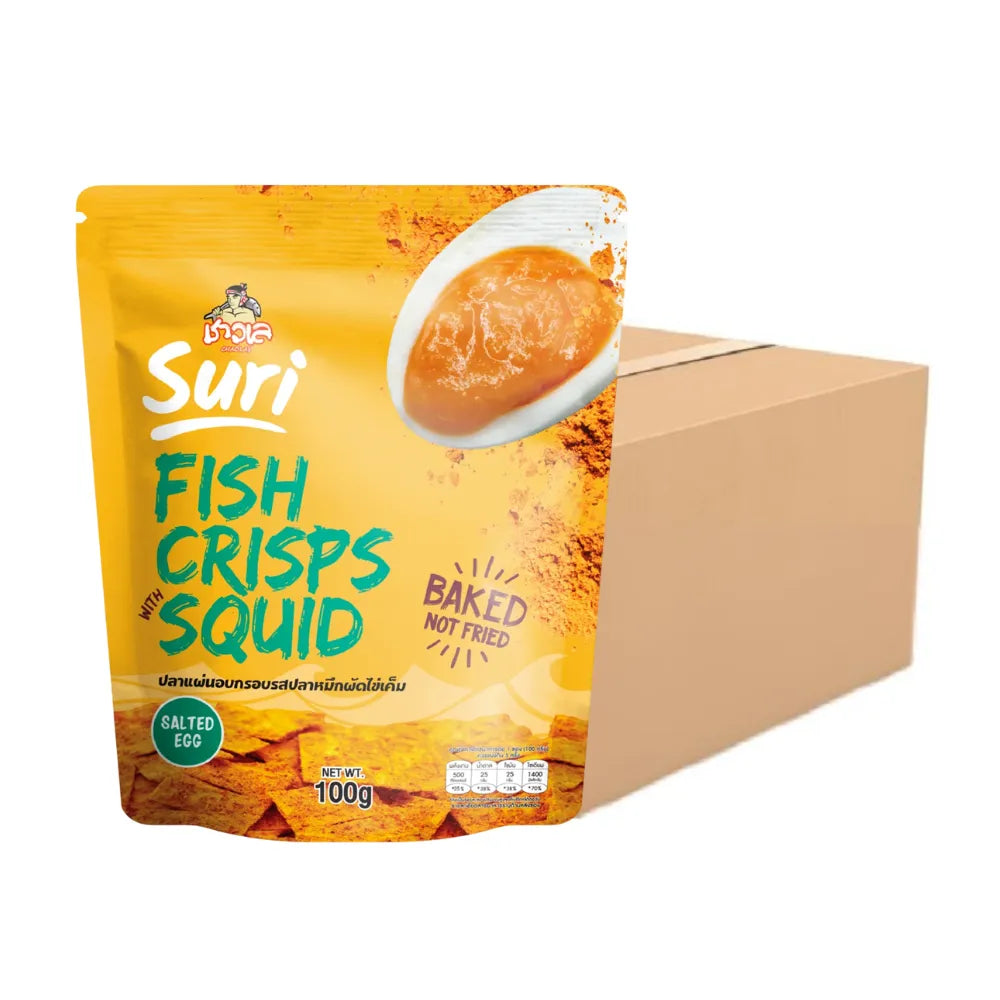 Chaolay Fish Crisps with Squid, 100g pack, showing crispy seafood snack with squid pieces in a colorful package.