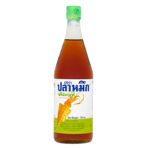 Squid brand fish sauce in a clear bottle, used for Asian cuisine and cooking, with a dark liquid inside.