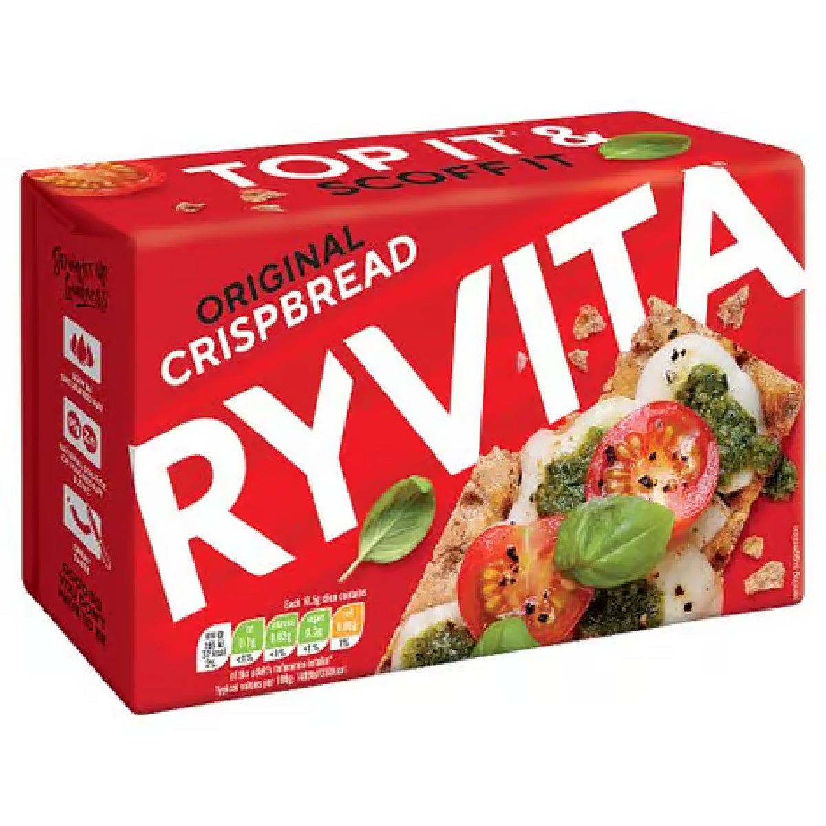 Ryvita Original Crispbread, crunchy whole grain snack from Ryvita, shown stacked on a white plate with a knife.