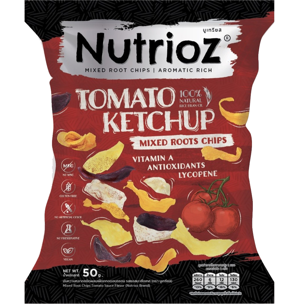 Nutrioz Mixed Roots Chips with Tomato Sauce, crunchy confectionery snack featuring colorful root chip assortment and vibrant tomato flavor.