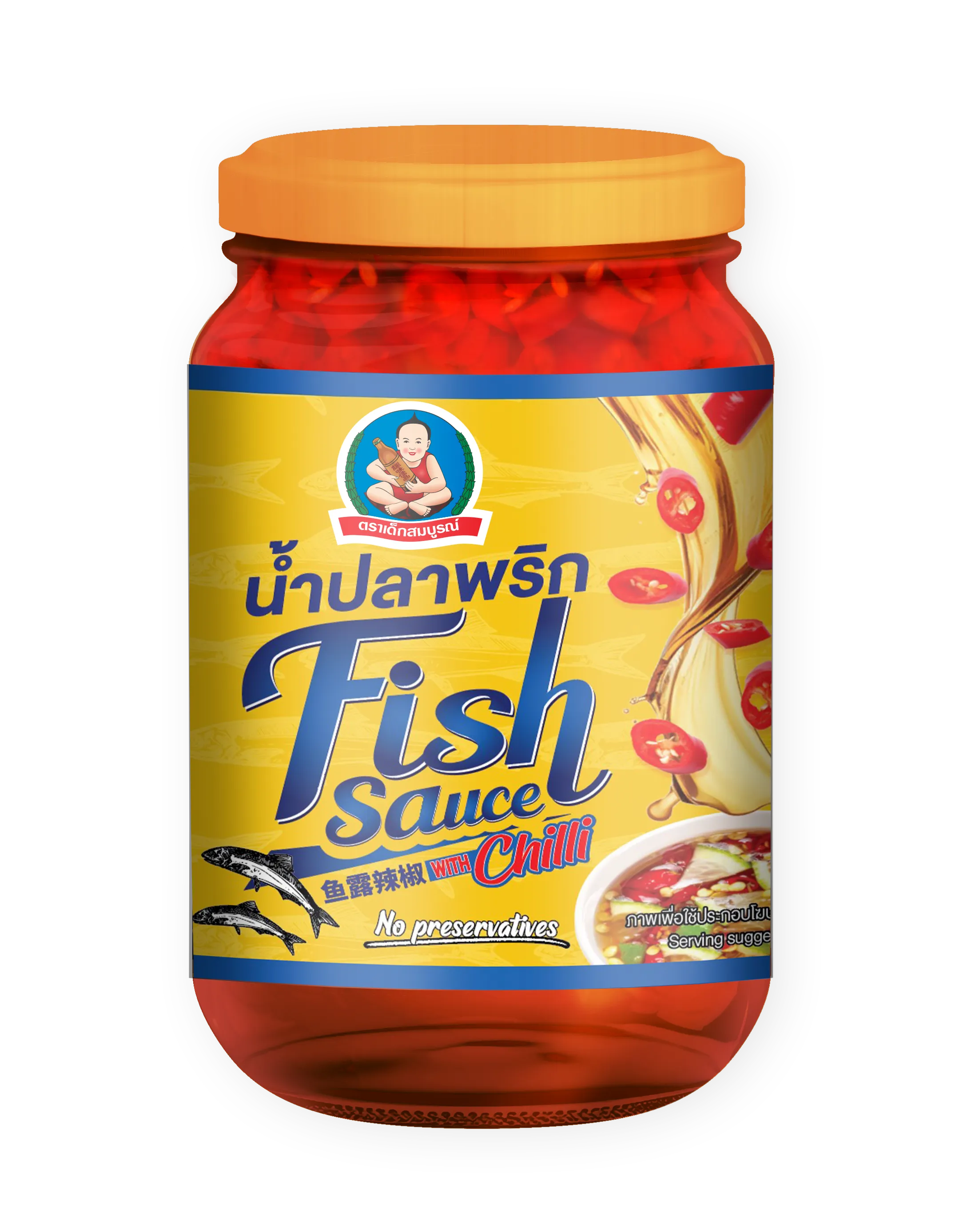 Deksomboon Chili Fish Sauce 250g bottle, Thai dry grocery condiment with red chili and fish flavors, in a clear glass bottle