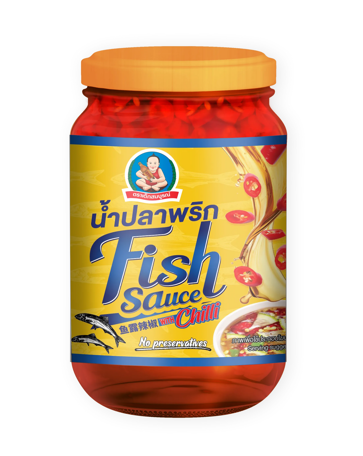Deksomboon Chili Fish Sauce 250g bottle, Thai dry grocery condiment with red chili and fish flavors, in a clear glass bottle