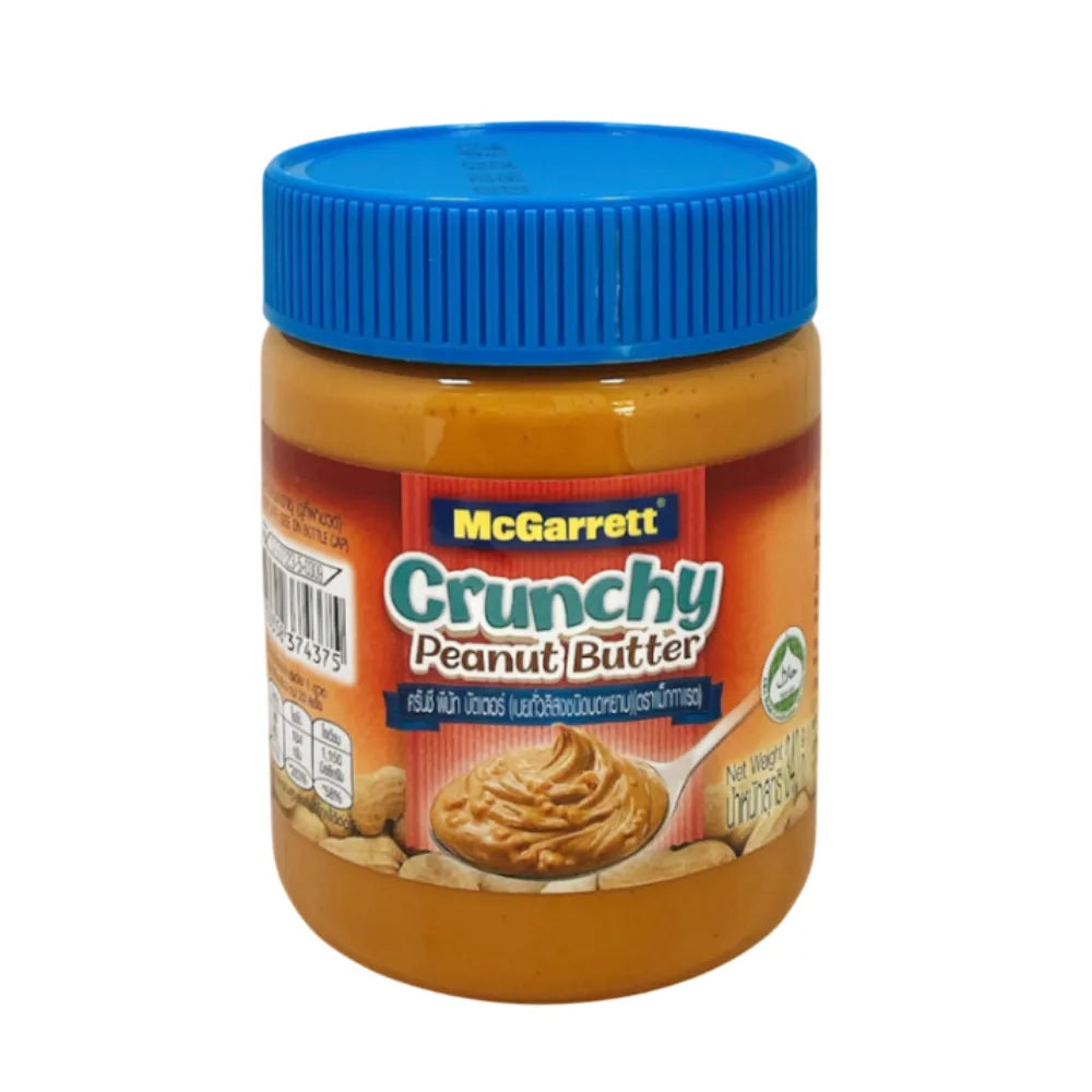 Coarsely ground peanut butter by McGarrett in a 340g jar, showcasing the textured, natural peanut spread.