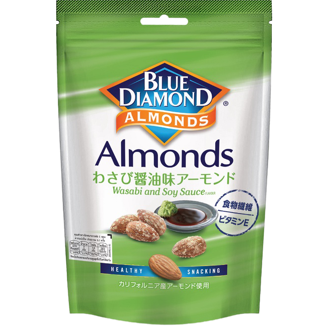Blue Diamond Wasabi & Soy Sauce Almonds, confectionery snack with roasted almonds coated in wasabi and soy sauce flavor.