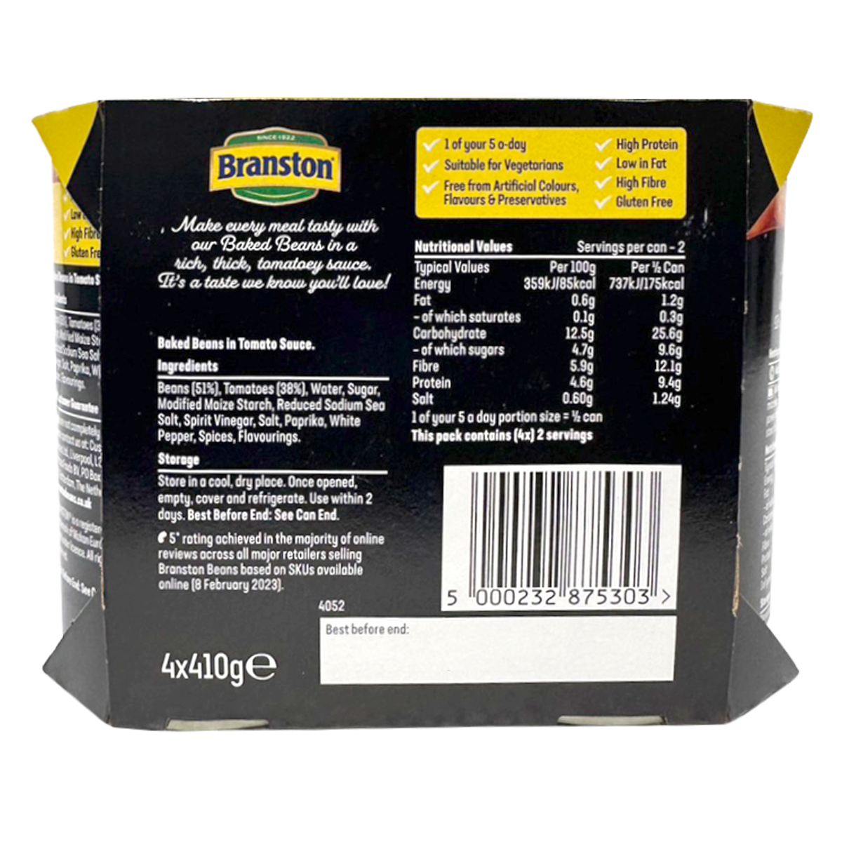 Canned Branston Baked Beans in a white can with red and blue branding, ready for grocery shopping.