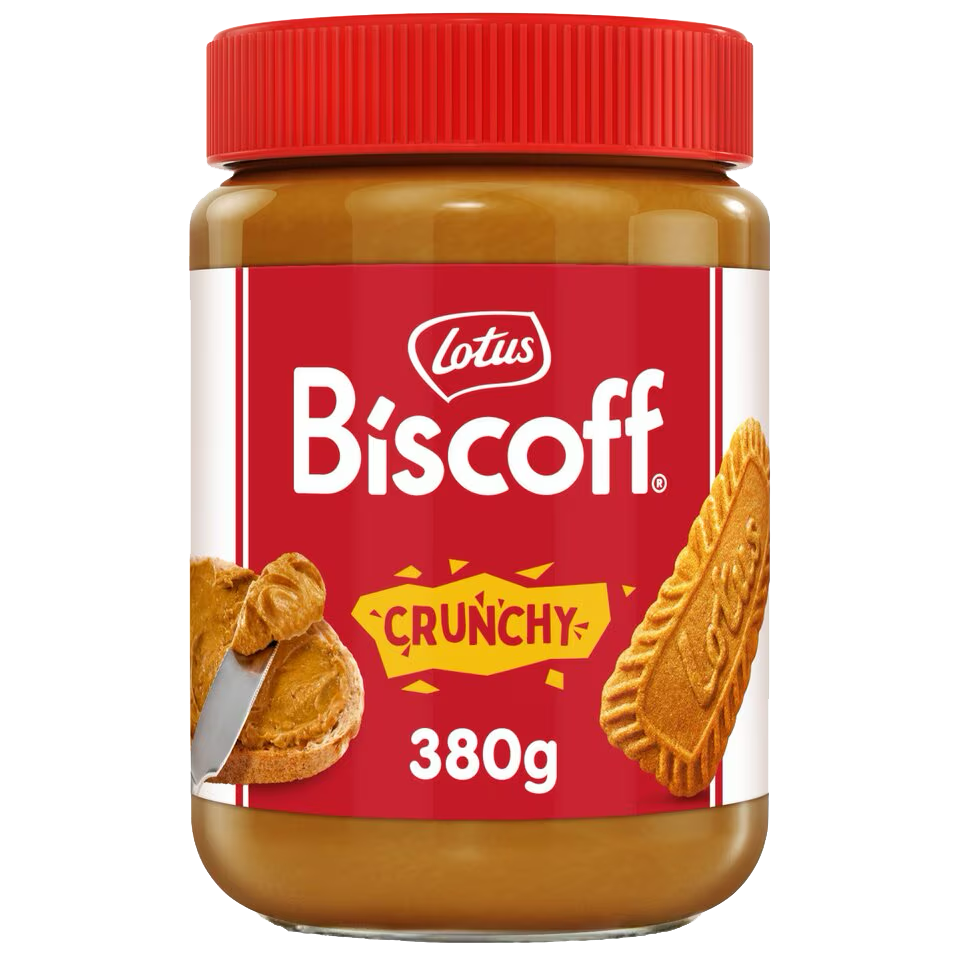 Jar of Lotus Biscoff Crunchy Spread with a spoon, showing the creamy, crunchy cookie spread on a white background.