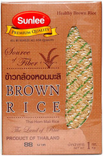 Sunlee brown rice in a clear grocery bag, showing light brown grains with a natural, unpolished appearance.