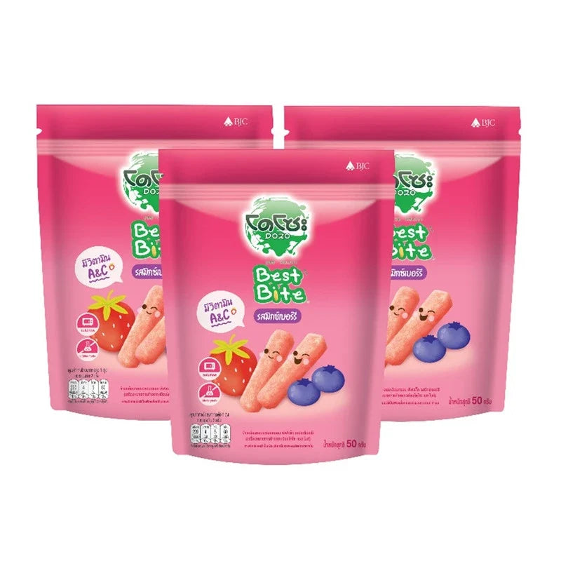 Dozo Best Bite baked brown jasmine rice puff sticks with mixed berry flavor, dry snack confectionery, crispy and colorful snack sticks