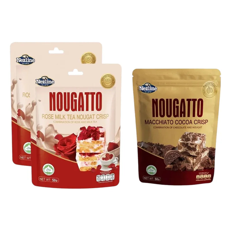 Nezline Nougatto Nougat Crisp snack with crunchy nougat pieces and a smooth, sweet confectionery texture.