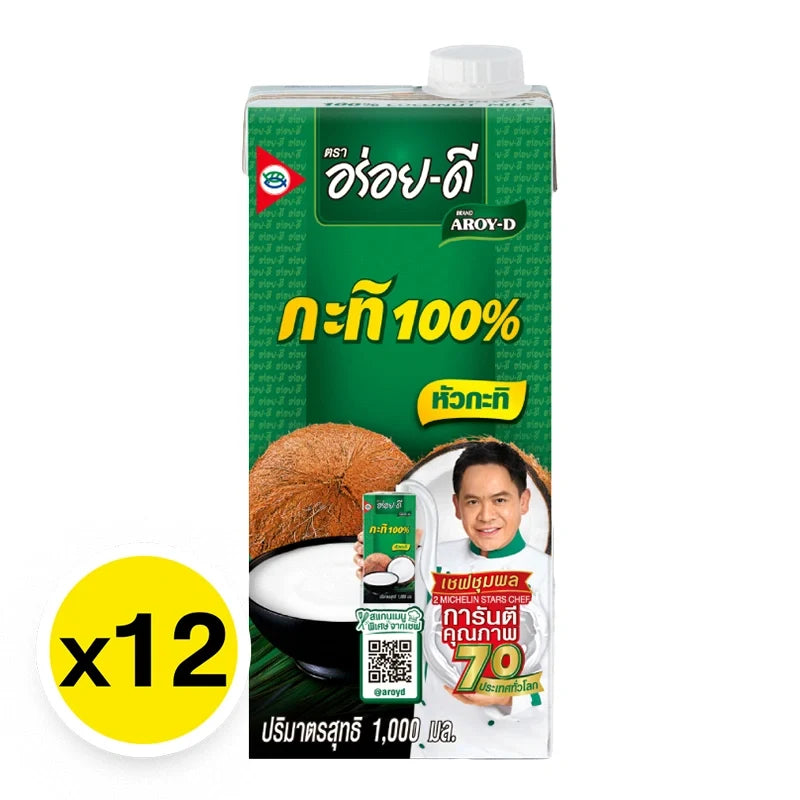 Aroy-D 100% coconut milk in a 1L carton, shown in a pack of 12, suitable for cooking and baking in dry grocery products.