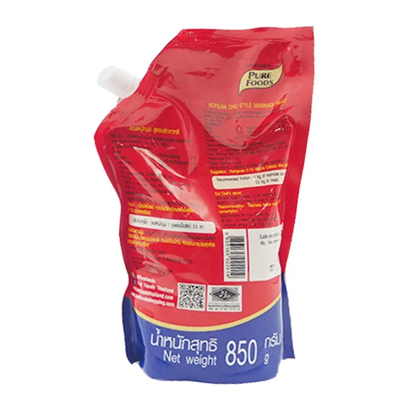 Pure Foods Korean Style Marinade Sauce 850g bottle, showcasing the rich, dark sauce used for flavorful Korean dishes.
