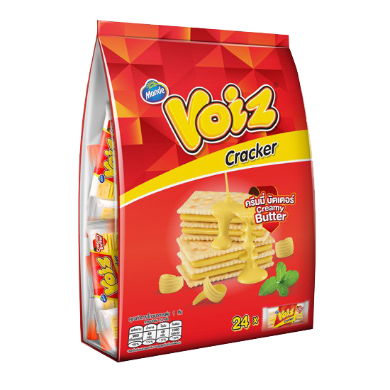 Voiz Cracker Creamy Butter Family Pack, confectionery snack with crispy crackers coated in creamy butter flavor, in a large family-sized package.