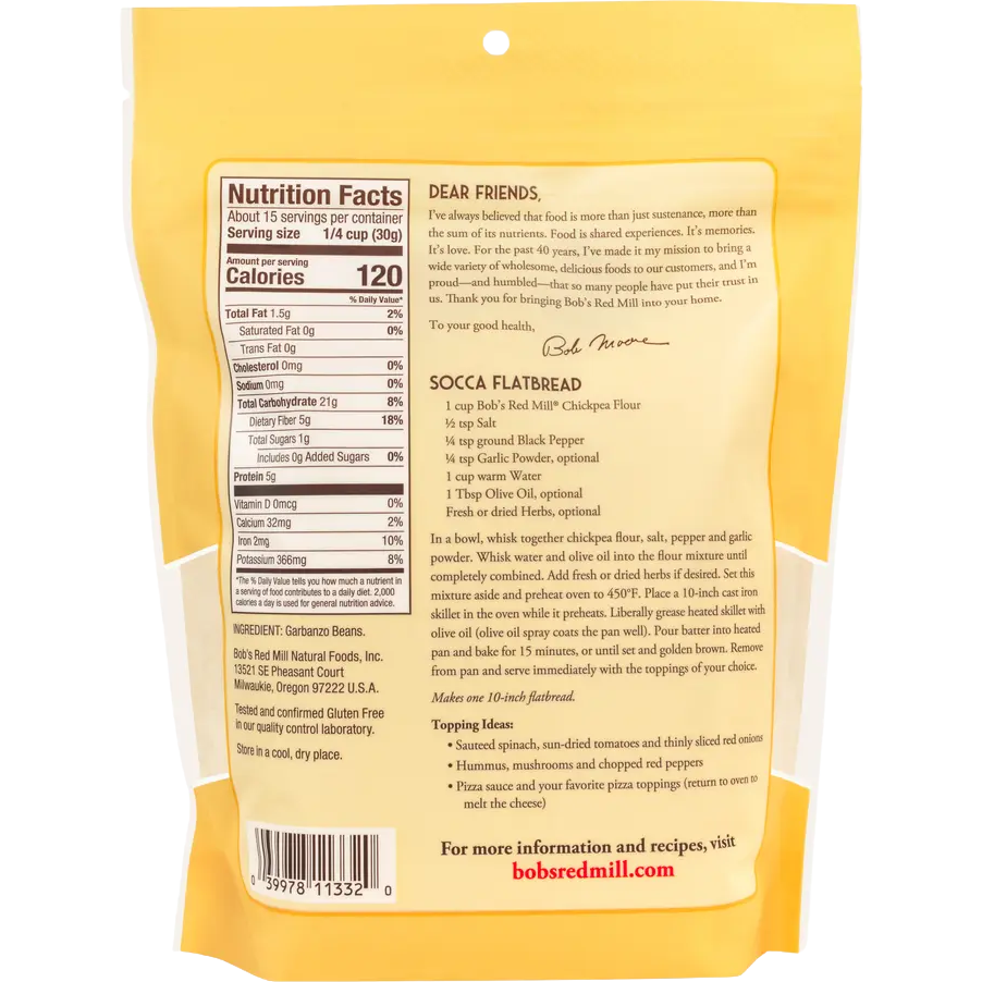 Bob's Red Mill chickpea flour in a bag, showcasing the bright packaging and product name for gluten-free baking.