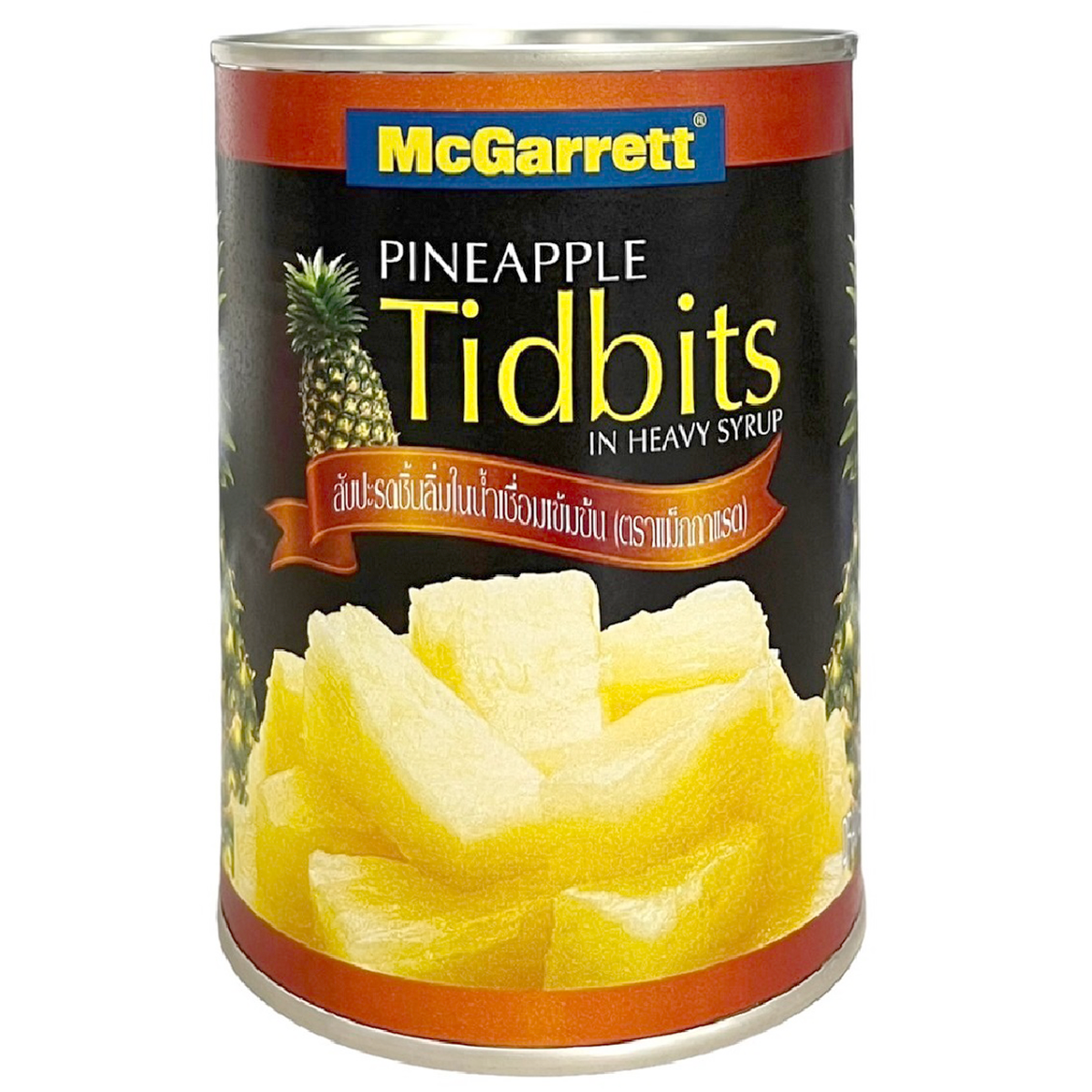McGarrett pineapple tidbits in syrup, canned grocery product with bright pineapple pieces in sweet syrup.