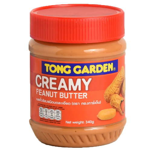 Creamy Tong Garden Peanut Butter jar with label showing smooth, rich texture for grocery use.