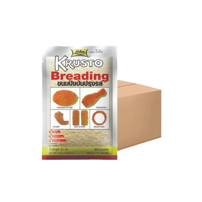 Lobo seasoned bread crumbs in a 350g box, dry grocery product, with breadcrumb texture and packaging visible.