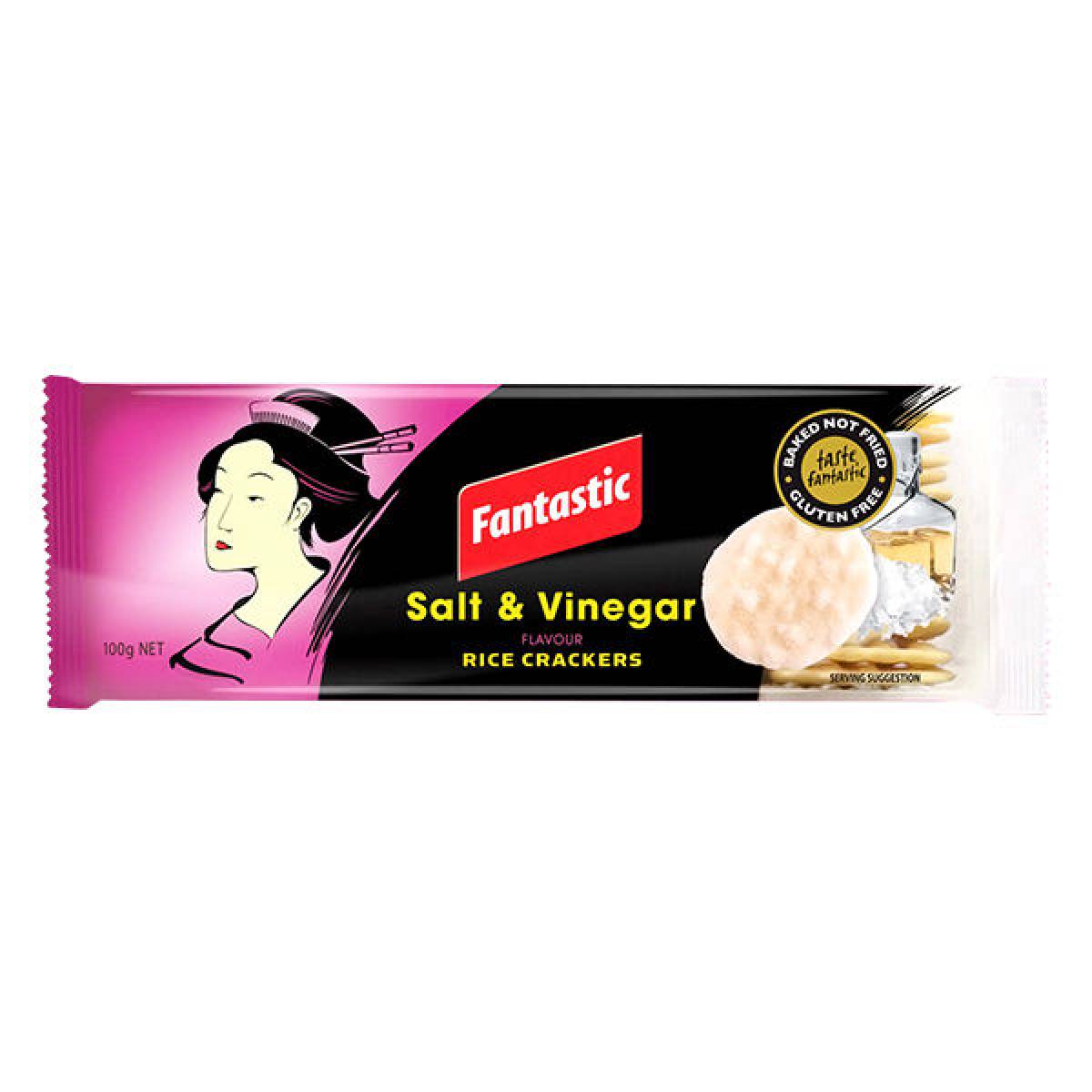 Cracker snack with salt and vinegar flavor, part of Fantastic's healthy confectionery snacks range, shown in a colorful package.
