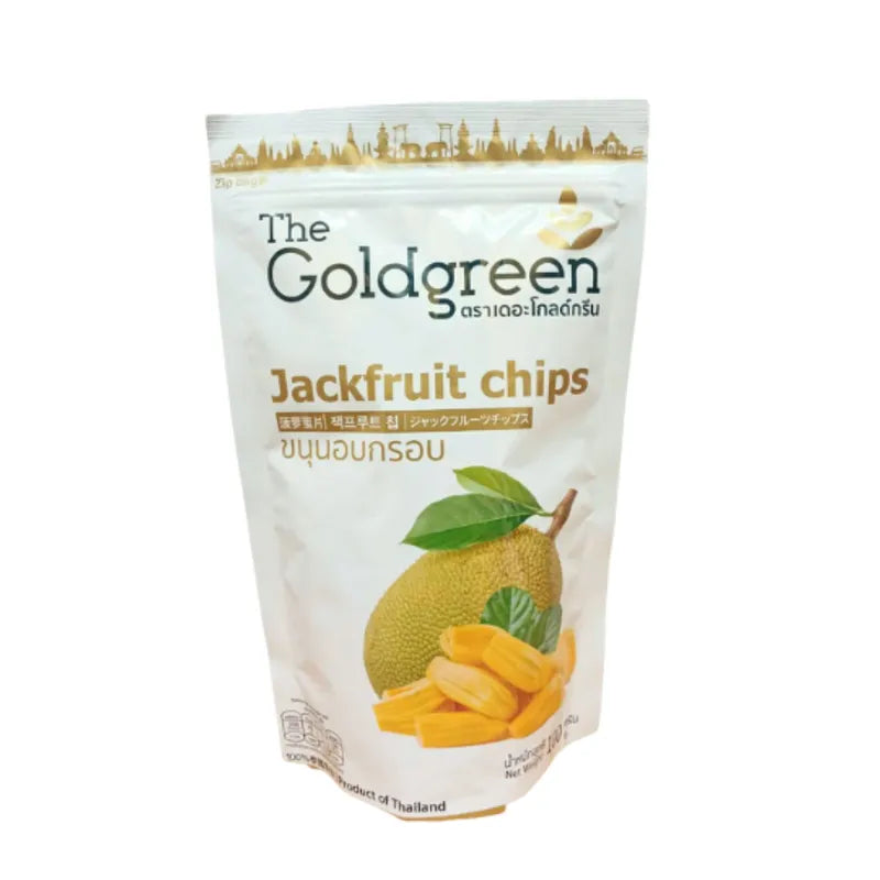 Golden crispy Jackfruit Chips by THE GOLDGREEN in 100g package, showcasing crunchy, golden jackfruit snack pieces.