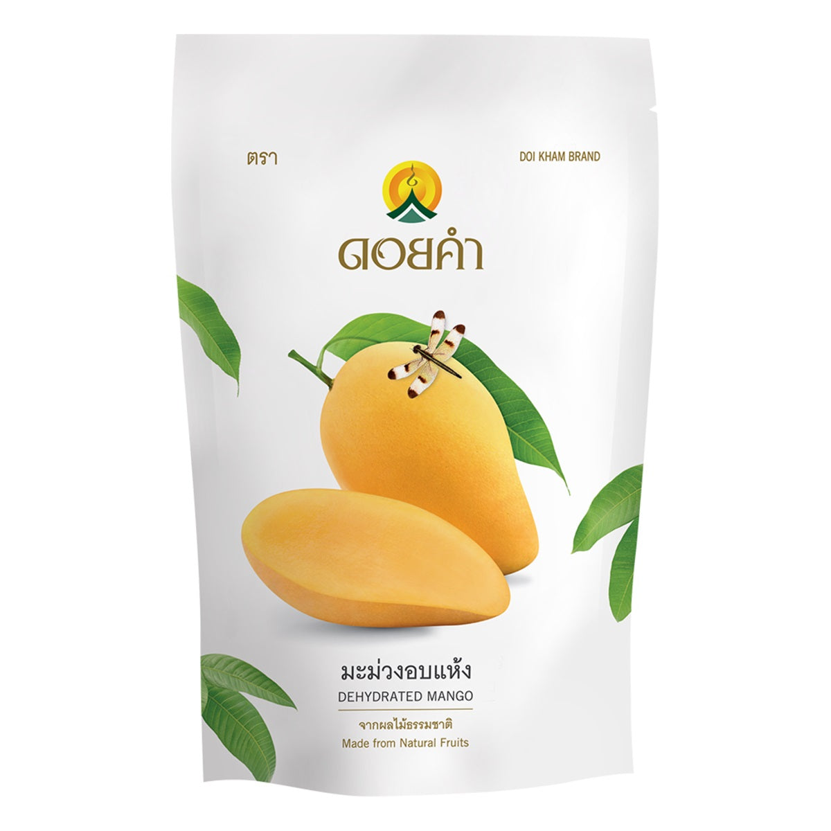 Doi Kham dried mango slices, natural confectionery snacks with vibrant orange color and chewy texture, in a clear view of the packaging.