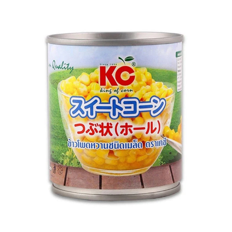 KC canned corn in an 8-ounce can, showcasing bright yellow corn kernels ready for cooking or eating.
