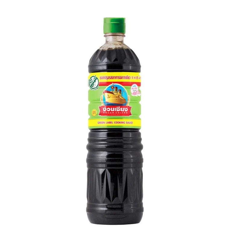 Nguan Chiang Green Label Seasoning Sauce 1000ml in a clear bottle, ideal for enhancing Asian dishes in dry grocery.