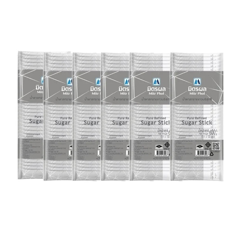 Mitrphol Sugar Stick Pure Refined 6g pack showing six individual sugar sticks in clear wrapping, ideal for sweetening beverages.
