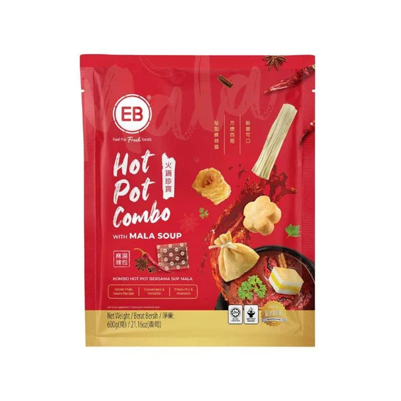 EB Hotpot Combo with Mala Soup, 600g, dry grocery product featuring spicy mala flavor in a ready-to-cook hotpot package.