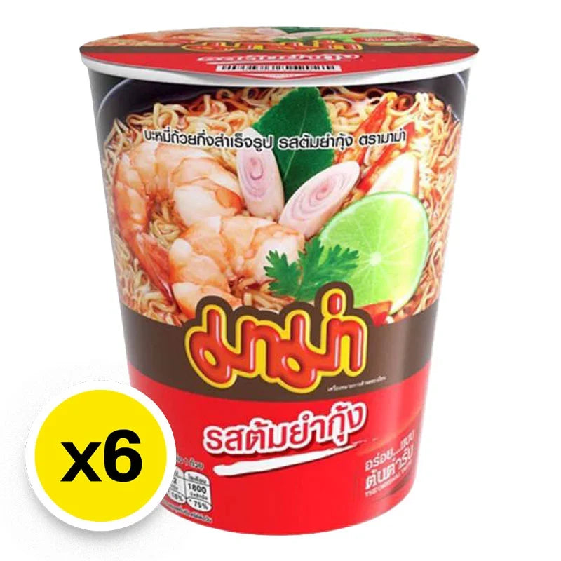 MAMA Mama Cup Instant Noodles Tom Yum Kung 60g, dry grocery product with spicy shrimp flavor noodles in a cup.