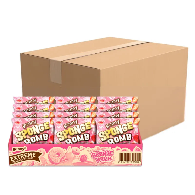 Grinny Sponge Bomb Snack Extreme Strawberry flavor 15g, pack of 12, colorful packaging of fruity snack candies.