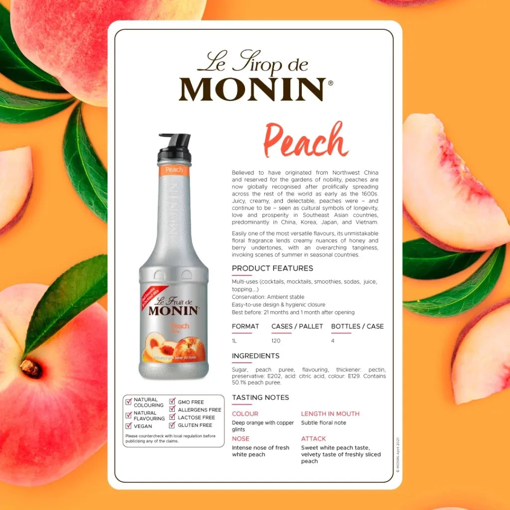 Bottle of MONIN Peach Fruit Mix 1000ml for dry grocery, showing the label with peach flavor and vibrant branding.