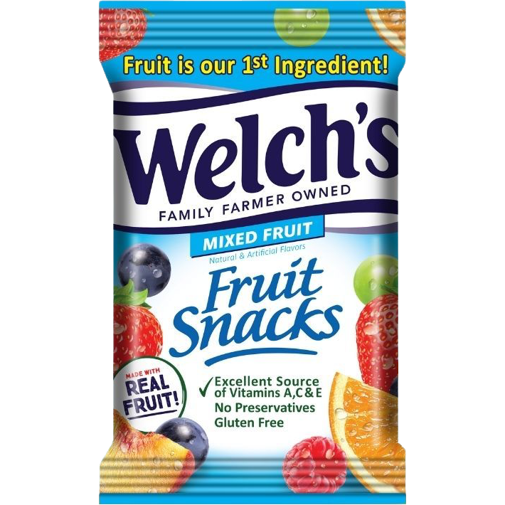 Welch's Fruit Snacks Mixed Fruit confectionery snacks in colorful packaging, featuring an assortment of fruit-flavored gummy treats.