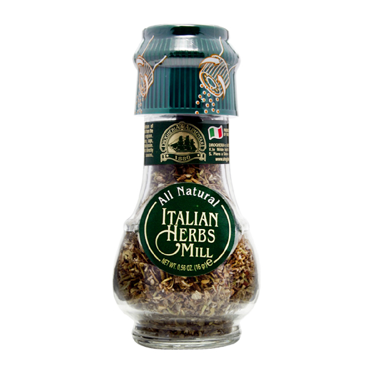 Drogheria Italian Herbs Mill showing a black pepper grinder filled with fresh Italian herb blend for seasoning.