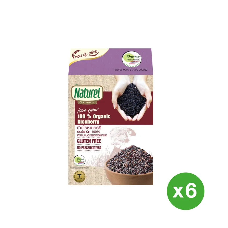 Naturel Organic Riceberry rice in a 6-pack box, 1kg each, featuring fresh, unprocessed rice grains in a natural dry grocery setting.