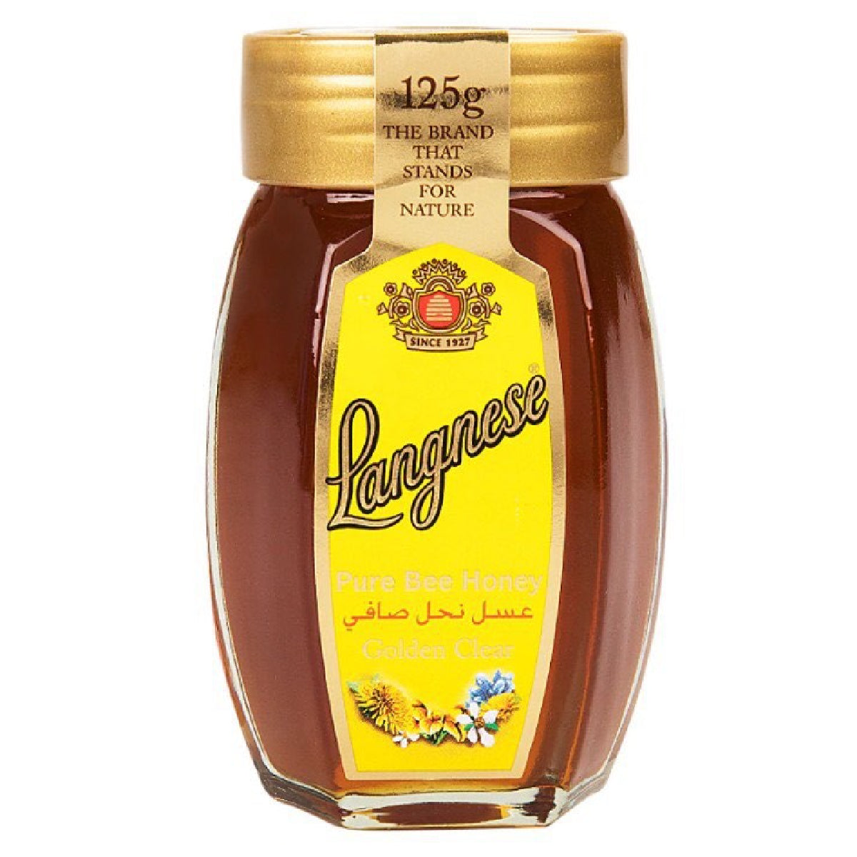 Jar of Langnese Honey showcasing golden honey with a label, placed on a wooden surface.