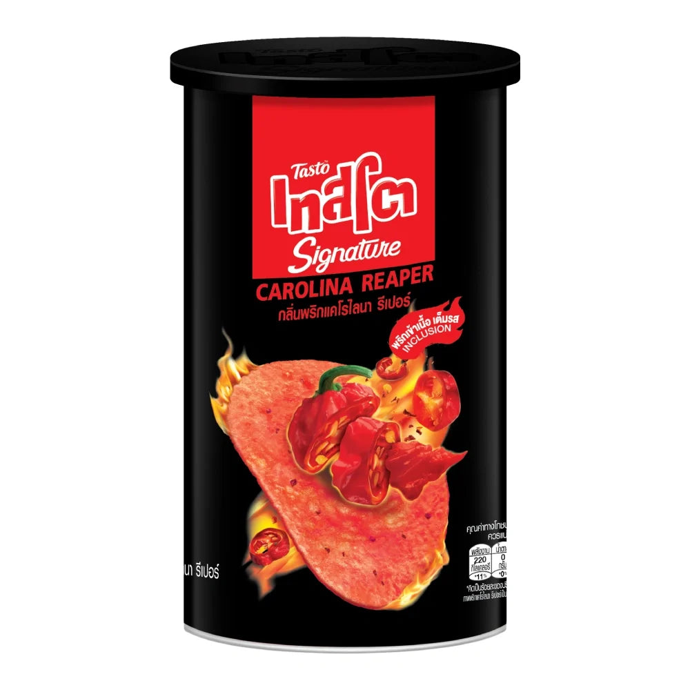 Tasto Signature Inclusion Crisps Carolina Reaper snacks in a 42g pack, featuring spicy, fiery flavor with crispy texture.