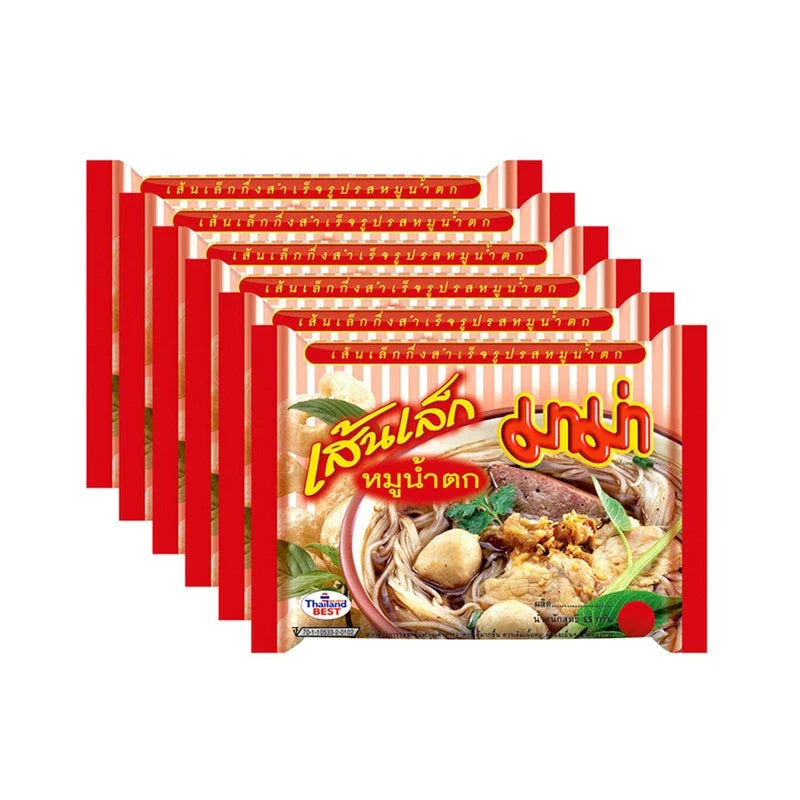 Mama Thin Noodles with Namtok Pork packets, dry grocery product, featuring packaged noodles and seasoned pork for quick meal prep.