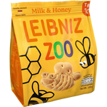 Bahlsen Leibniz Zoo Milk and Honey Biscuits in a colorful box, featuring animal-shaped cookies with milk and honey flavor.