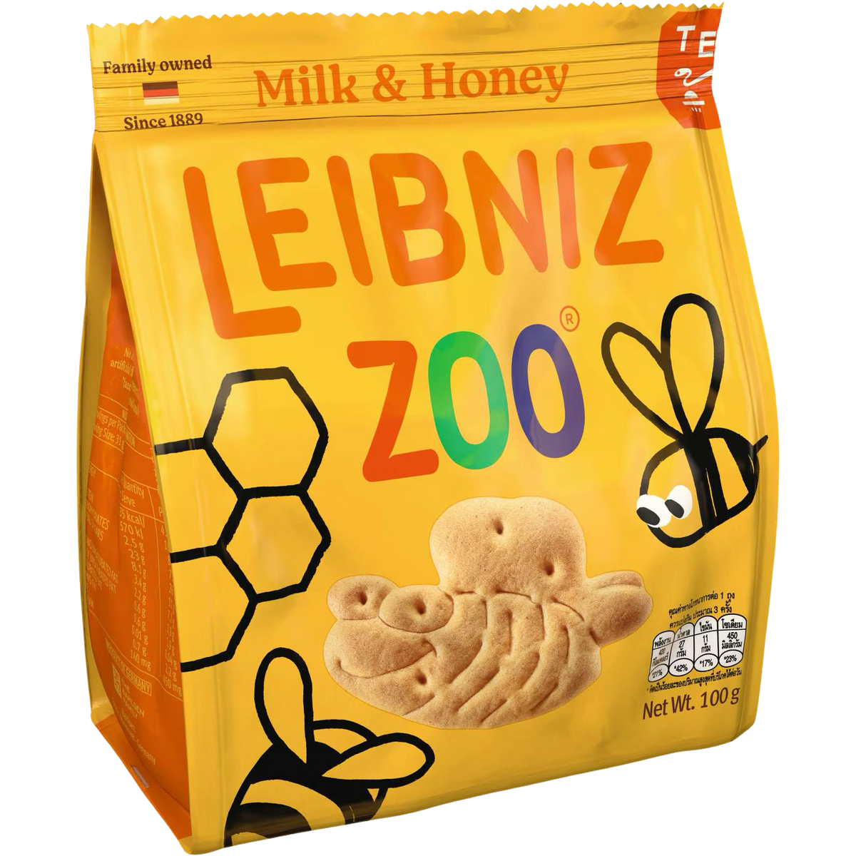Bahlsen Leibniz Zoo Milk and Honey Biscuits in a colorful box, featuring animal-shaped cookies with milk and honey flavor.