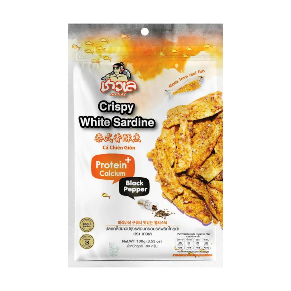Chaolay Crispy White Sardine snack pack, 100g x12, featuring crispy white sardines in colorful packaging, ideal for confectionery lovers.