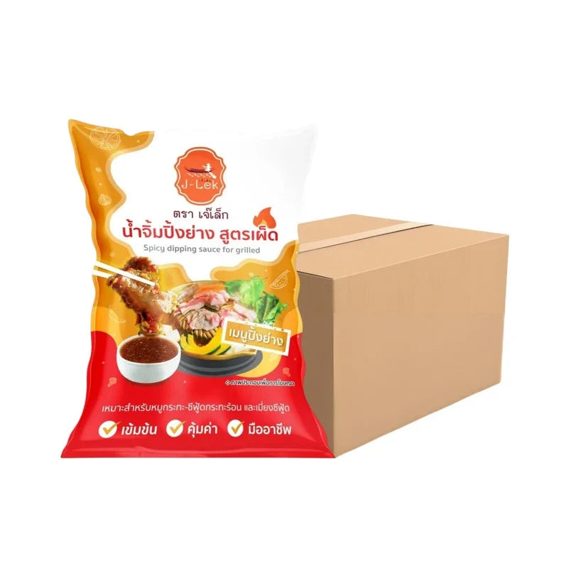 J-LEK Spicy Grilling Dipping Sauce in 000g dry grocery bag, showcasing the vibrant packaging and sauce texture.