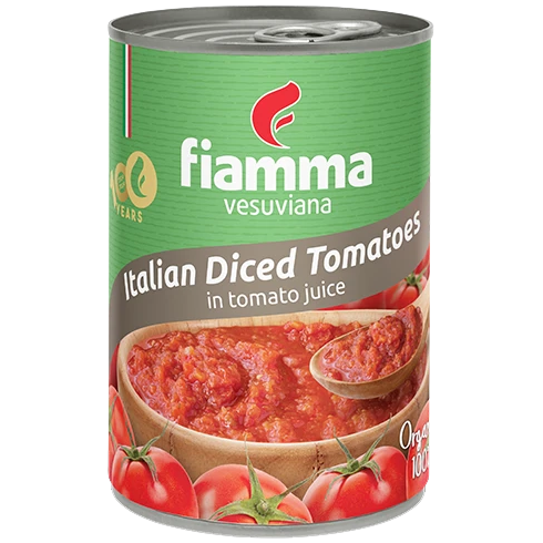 Fiamma Vesuviana organic diced tomatoes in organic tomato juice, grocery product with vibrant red diced tomatoes in a jar