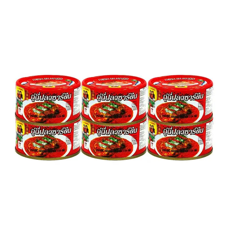 Three Lady Cooks sardines in curry, 190g cans, shown in a six-pack package, ideal for quick, flavorful meals in dry grocery.
