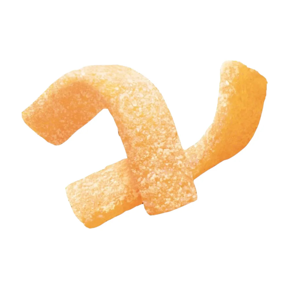 Bourbon Fettuccine gummy candies with concentrated lemon juice, a dry snack confectionery in colorful, chewy pasta-shaped form.