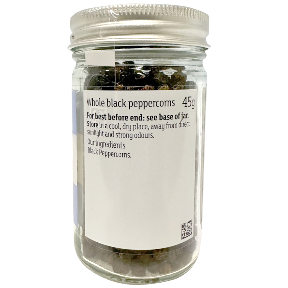 Sainsbury's black peppercorns in a clear jar, showing whole dark peppercorns used for seasoning in cooking.