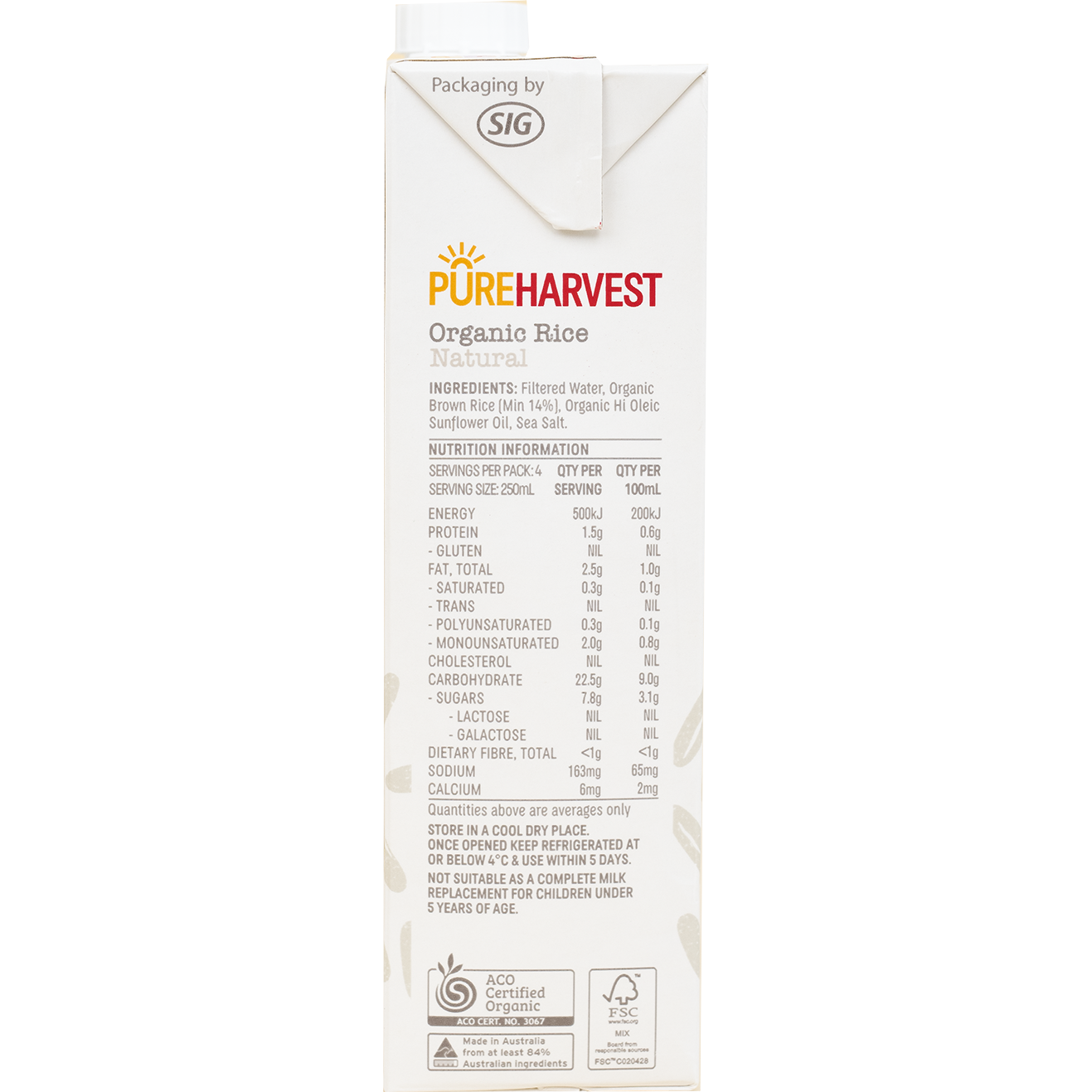 Pureharvest Original Rice Milk bottle, natural and healthy plant-based beverage in a clear container with label details.