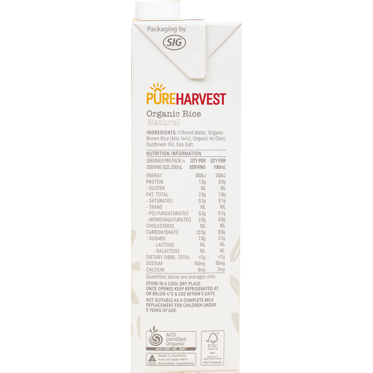 Pureharvest Original Rice Milk bottle, natural and healthy plant-based beverage in a clear container with label details.