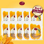 Sriwanna Gold dried mango slices from SRIWANNA, 100g, in a clear package, showcasing vibrant golden dried mango pieces.