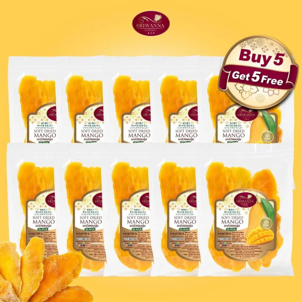 Sriwanna Gold dried mango slices from SRIWANNA, 100g, in a clear package, showcasing vibrant golden dried mango pieces.