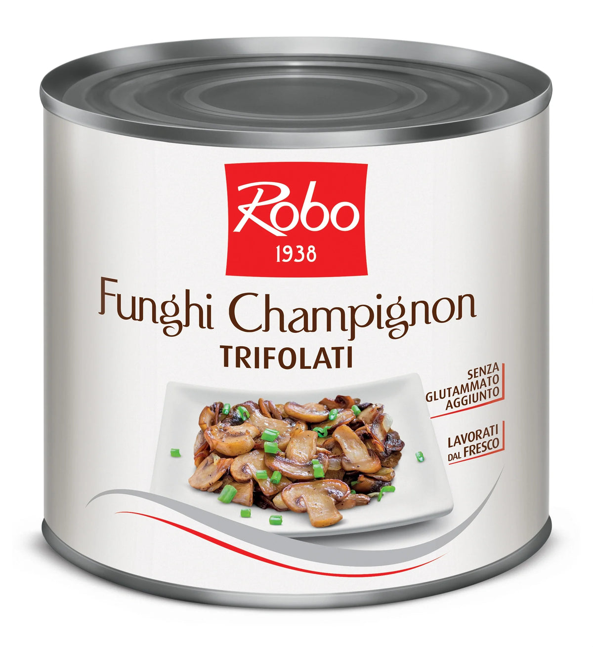 Robo Champignons Trifolati Dal Fresco jar of 2.4kg, fresh sliced mushrooms in a clear container for dry grocery use