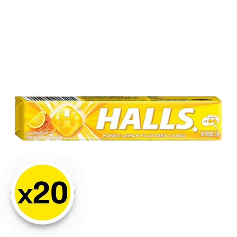 HALL'S Halls Honey Lemon lozenges in a 20-piece pack, dry grocery snack with lemon and honey flavor, displayed in a clear container.